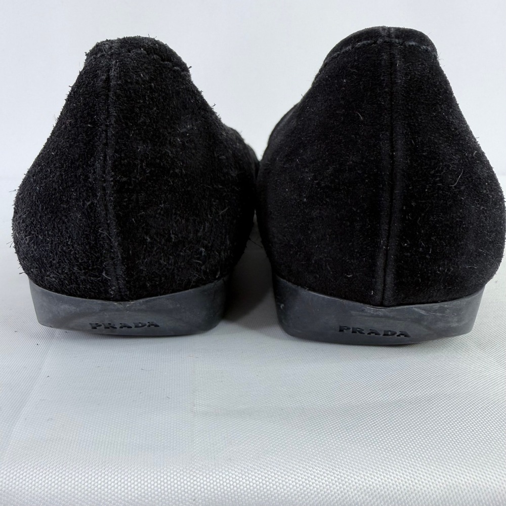 Prada Loafers Women Size 37 Black Suede Triangle Logo Flat Shoes Made in Italy - Picture 6 of 13